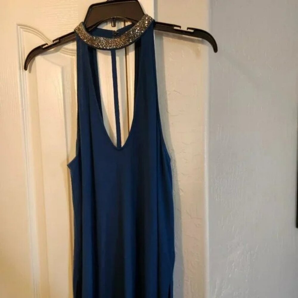 Navy Blue Low Cut Blouse with Sequin high collar